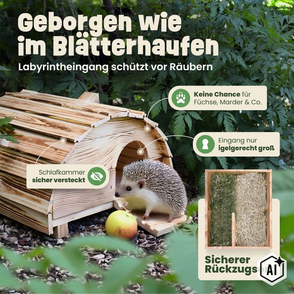 Igelhaus aus Holz mit Labyrintheingang als sicherer Schlafplatz im Garten mit Infografik zu Schutz vor Fressfeinden und geschützter Kammer.