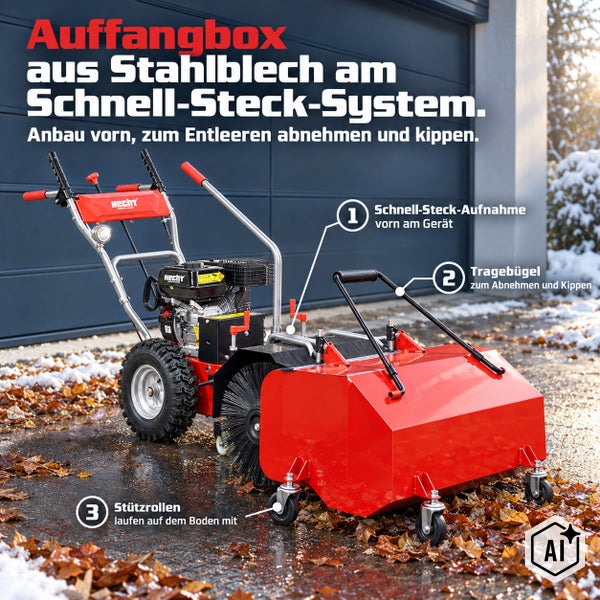 Auffangbehälter aus Stahlblech für Kehrmaschine mit Schnellstecksystem und Stützrollen.