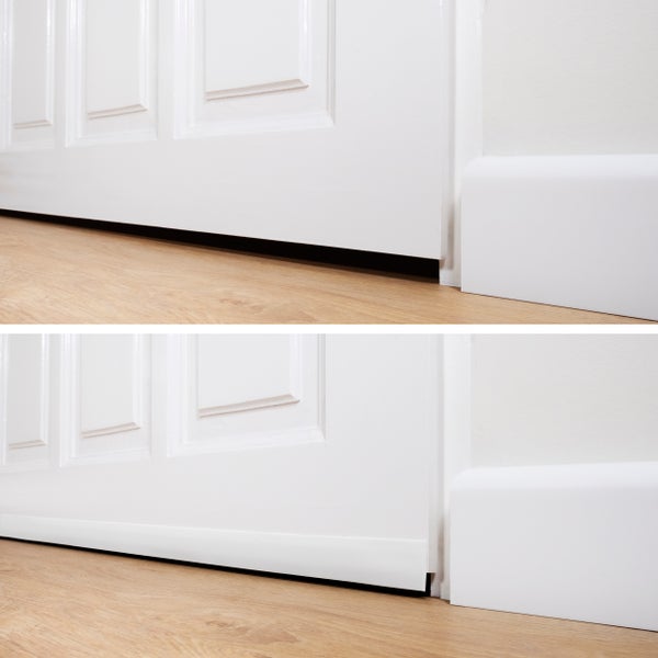 Vorher-Nachher-Vergleich einer Türdichtung unten an einer weißen Tür.