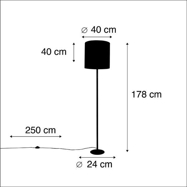 Abbildung einer Stehlampe mit den Maßen 178 cm Höhe, 40 cm Durchmesser Lampenschirm, 40 cm Höhe Lampenschirm, 24 cm Durchmesser Sockel und 250 cm Kabellänge
