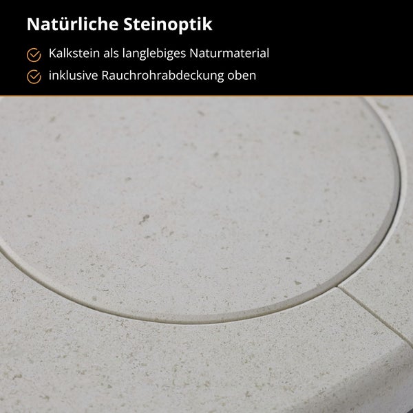 Detailansicht einer Kaminverkleidung aus natürlichem Kalkstein mit integrierter Rauchrohrabdeckung.