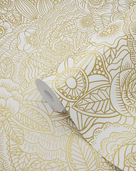 ESTAhome Tapete Blumenzeichnungen Gold - 53 cm x 10.05 m - 139549