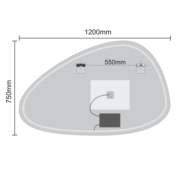 Technische Zeichnung eines asymmetrischen Wandspiegels mit Maßen 1200 Millimeter mal 750 Millimeter und Befestigungspunkten.