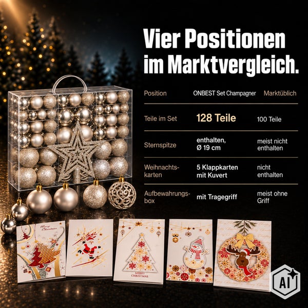 Produktvergleich ONBEST Weihnachtsbaumschmuck Set 128 Teile mit Christbaumspitze, 5 Weihnachtskarten und Aufbewahrungsbox mit Tragegriff.