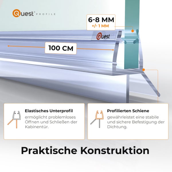 Duschdichtung mit den Maßen 100 cm, 6 bis 8 Millimeter und Quest Logo