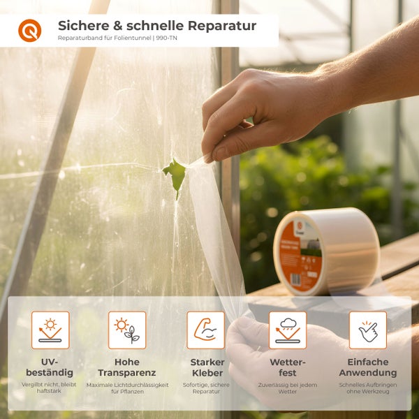 Reparatur eines Folientunnels mit transparentem Reparaturband, das UV-beständig und wetterfest ist