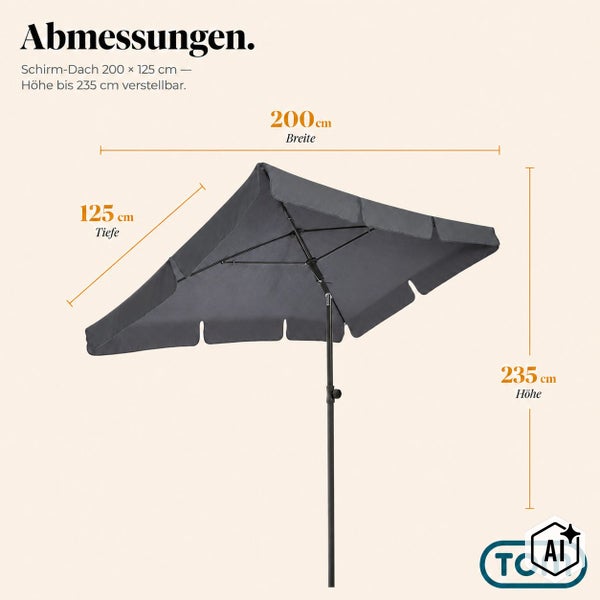 Rechteckiger Sonnenschirm mit den Maßen 200 mal 125 Zentimeter und einer verstellbaren Höhe von bis zu 235 Zentimetern inklusive Tom Logo