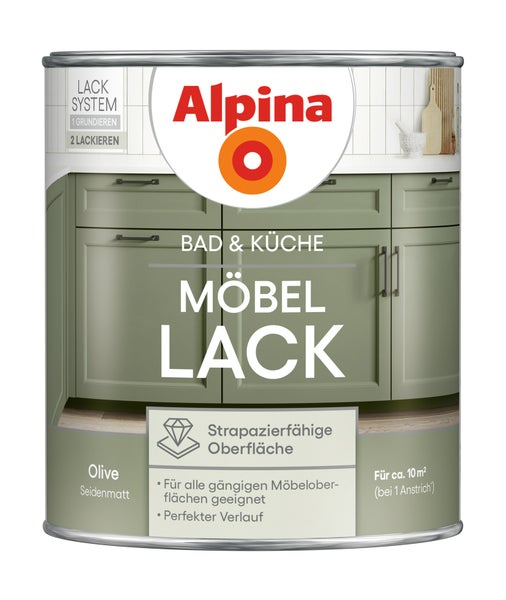Dose Alpina Möbellack für Bad und Küche, seidenmatt, in Olive, für circa 10 Quadratmeter.