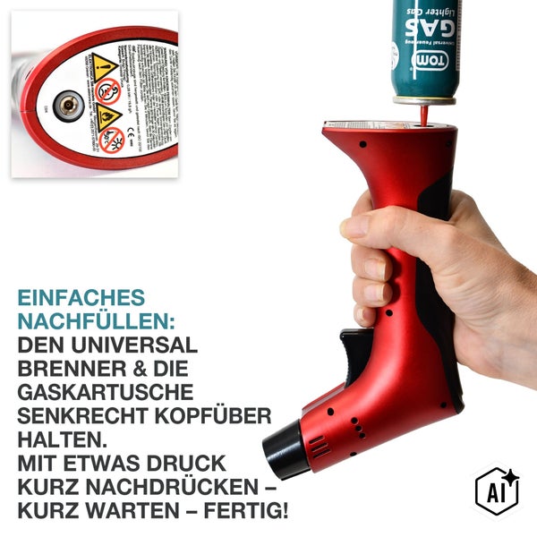 Hand füllt Stabfeuerzeug mit einer Universal Gas Nachfüllkartusche, Detailansicht des Bodens mit Sicherheitshinweisen.
