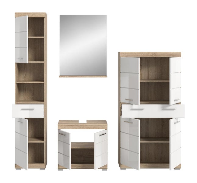Badezimmermöbel-Set in Eichenoptik mit weißen Fronten bestehend aus Hochschrank, Waschbeckenunterschrank, Spiegel und Mittelschrank.