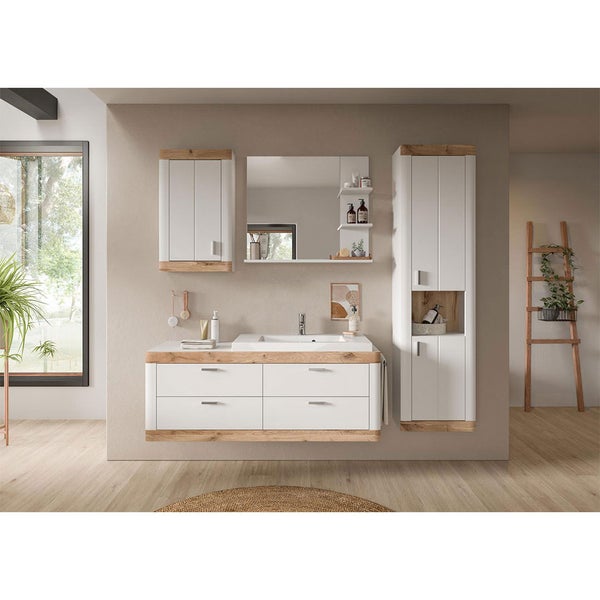Laredo Badschrank wandhängend 1 Tür matt weiß,Eiche dekor,weiß. 45 X 20 X 76 cm