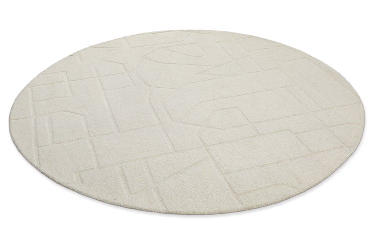 Runder, cremefarbener Teppich mit geometrischem Linienmuster und Hoch-Tief-Struktur.