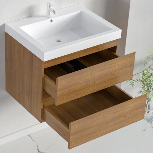 Moderner Wand-Waschtisch mit weißem Waschbecken und Unterschrank in Holzoptik mit zwei geöffneten Schubladen und verchromter Armatur.