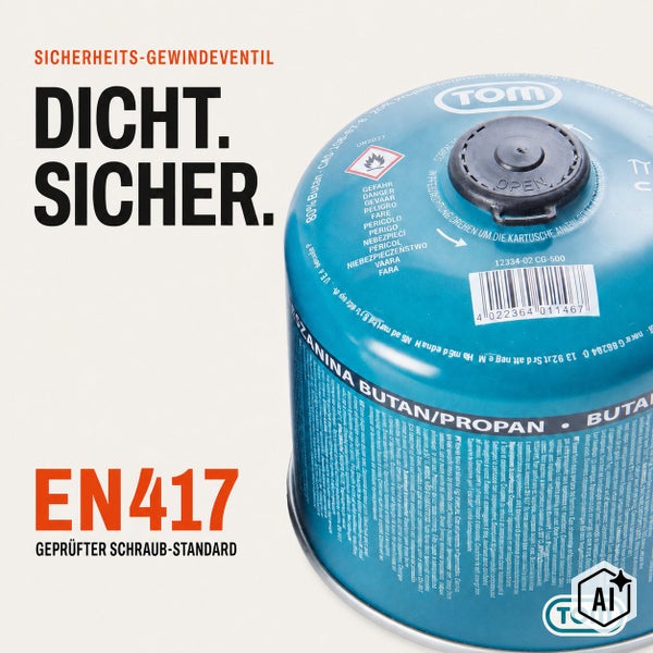 TOM Gaskartusche mit Sicherheitsgewindeventil, Butan Propan Mischung, nach europäischer Norm EN 417 geprüft.