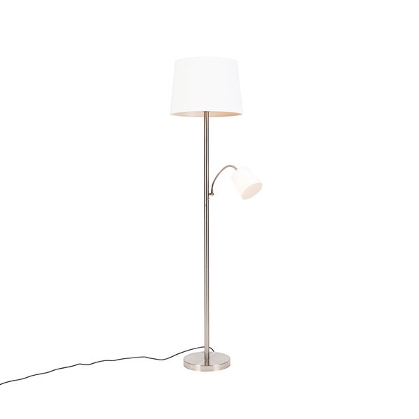 QAZQA - Klassisch I Antik Klassische Stehlampe Stahl I Silber I nickel matt mit weißem Schirm und Leselampe - Retro I Wohnzimmer I Schlafzimmer - Stahl Länglich - LED geeignet E27