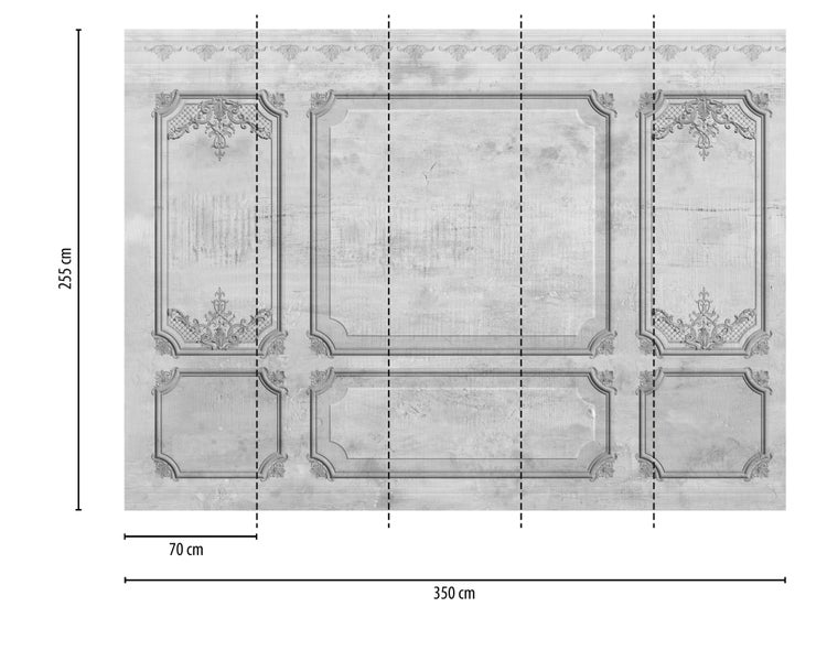 Fototapete mit dreidimensionalem Effekt klassischer Wandpaneele, Maße 350 mal 255 Zentimeter, bestehend aus 5 Bahnen zu je 70 Zentimeter.