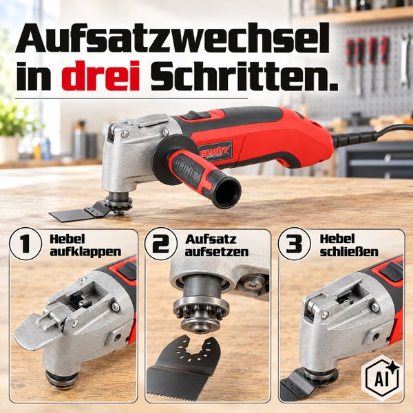Detailansicht der schwingenden Werkzeugaufnahme eines Hecht Multifunktionswerkzeugs mit Schnellspannmutter und technischer Erklärung.