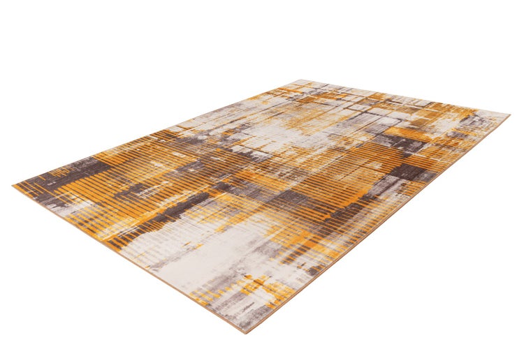 Moderner rechteckiger Teppich mit abstraktem Streifenmuster in Gelb, Grau und Weiß.