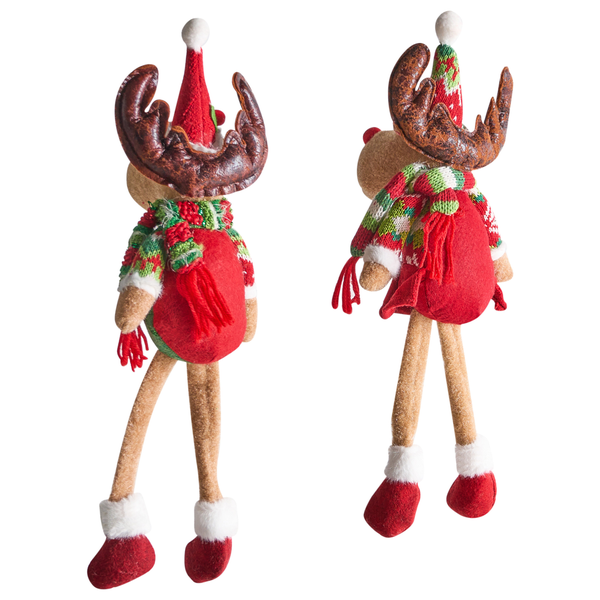 Dekorative Rentierfiguren mit Mütze und Schal, Front- und Rückansicht
