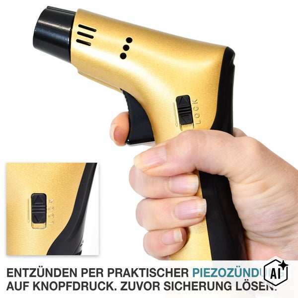Ein Gasbrenner mit Piezozündung und Sicherungsschalter in der Hand gehalten zur Anwendung im Haushalt oder Werkstatt.