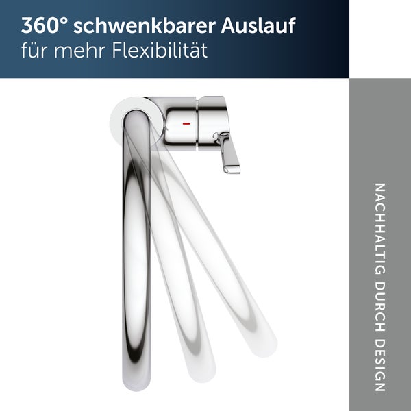 Küchenarmatur mit dreihundertsechzig Grad schwenkbarem Auslauf aus Metall.