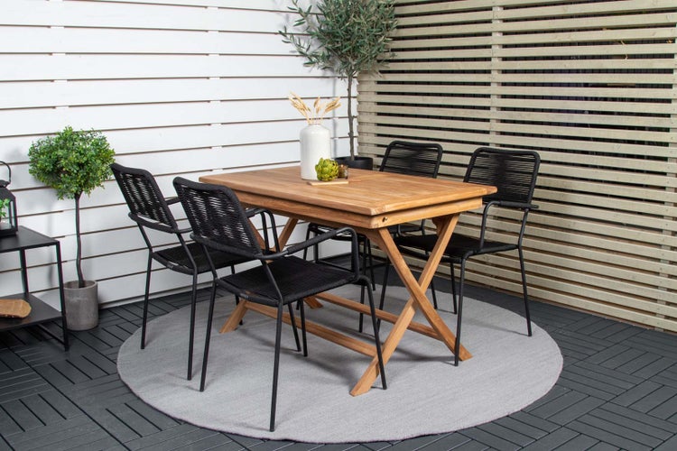 Kenya Gartenset Tisch 70x120cm natur, 4 Stühle Lindos schwarz. 70 X 120 X 75 cm
