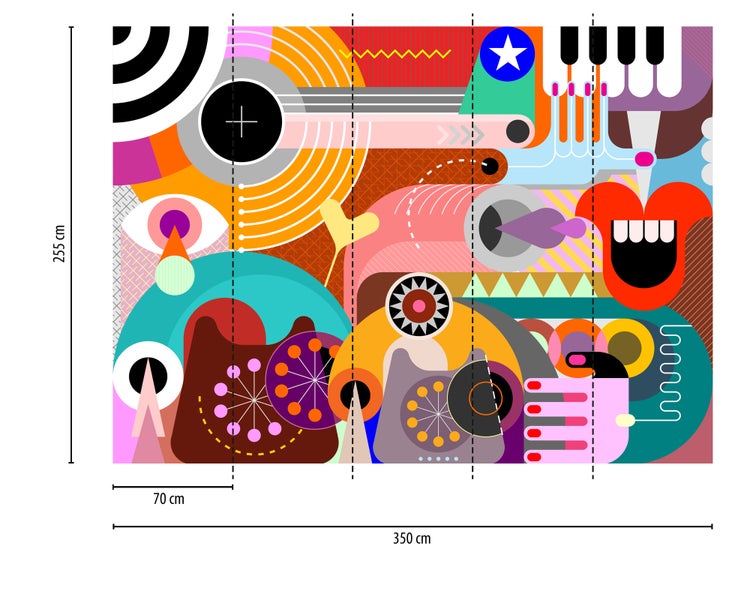 Abstrakte Fototapete im Pop-Art-Stil mit bunten Mustern, Breite 350 Zentimeter, Höhe 255 Zentimeter, fünf Bahnen à 70 Zentimeter.
