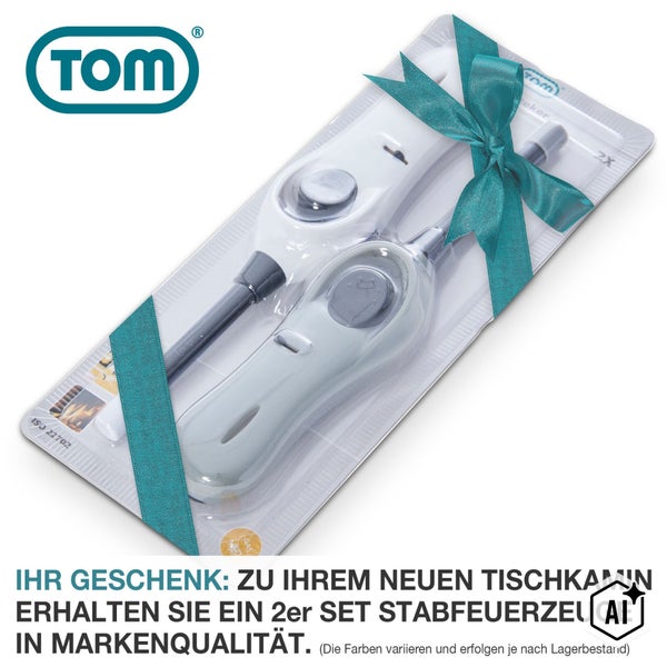 TOM Logo und zwei Stabfeuerzeuge im Blister als Set mit Geschenkschleife verpackt.