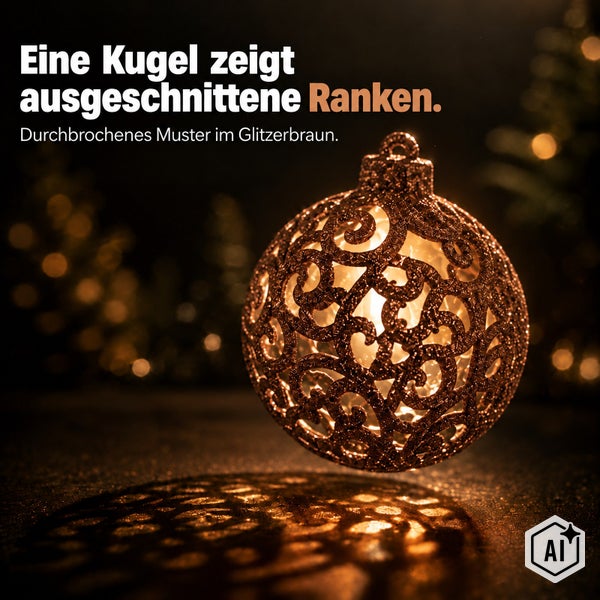 Weihnachtskugel mit durchbrochenem Rankenmuster und Glitzeroberfläche leuchtet von innen.