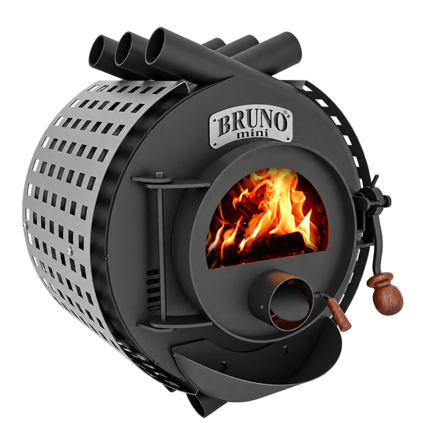 Bruno Mini Kaminofen aus Metall mit runder Brennkammer, Sichtfenster und Holzgriff