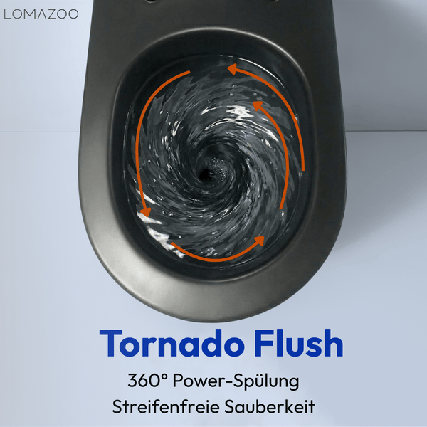 Lomazoo Toilette mit Tornado Flush Spülsystem für 360 Grad Reinigung und streifenfreie Sauberkeit.