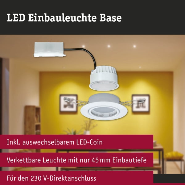 LED Einbauleuchte Base Coin Einzelleuchte schwenkbar rund 90 mm 20° Coin 5W 370lm 230V 3000K Weiß