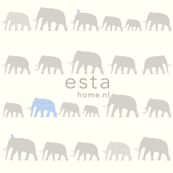 ESTAhome Tapete Elefanten Silber und Hellblau - 53 cm x 10.05 m - 137331