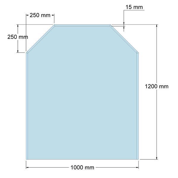 Bodenplatte aus Glas mit Maßen 1000 mal 1200 Millimeter, abgeschrägten Ecken und 15 Millimeter Facette.