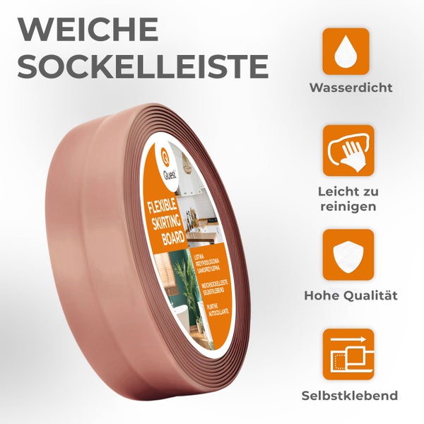Rolle einer flexiblen, selbstklebenden Weichsockelleiste von Quest mit Symbolen für Wasserdichtigkeit, leichte Reinigung und hohe Qualität.