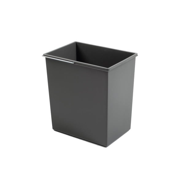 Mülleimer aus grauem Kunststoff, rechteckig, mit Metallbügel.