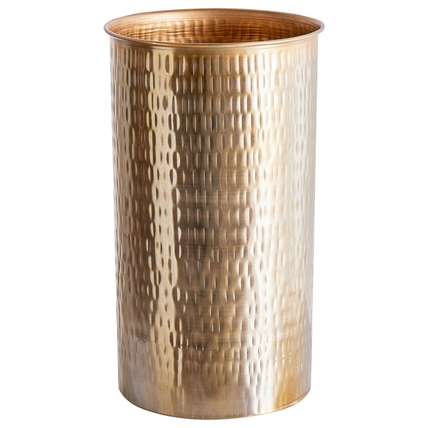 Zylinderförmiger Schirmständer aus Metall mit gehämmerter Oberfläche.