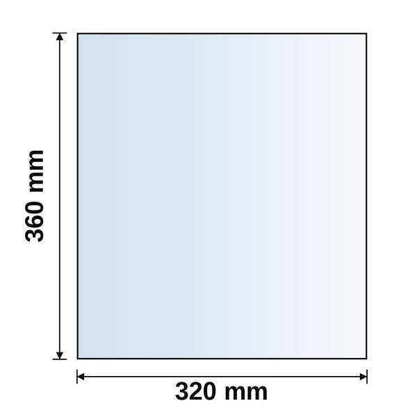 Skizze einer rechteckigen Fläche mit den Maßen 360 Millimeter Höhe und 320 Millimeter Breite.