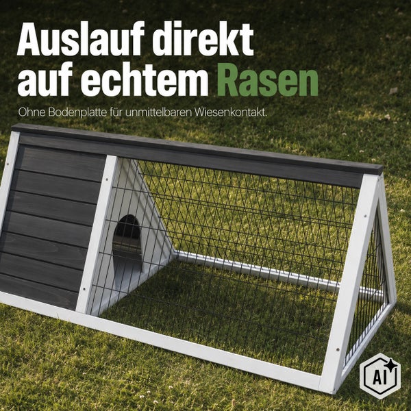 Holz Kaninchenstall mit Freilaufgehege ohne Bodenplatte für direkten Zugang zum Rasen.
