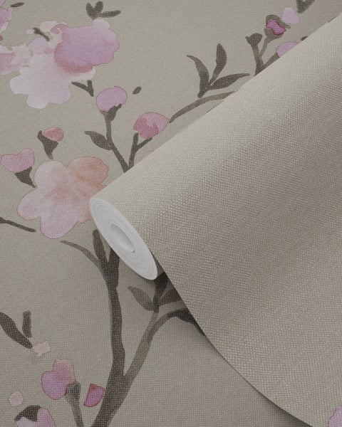 ESTAhome Tapete Kirschblüten Taupe und Violett - 53 cm x 10.05 m - 148717
