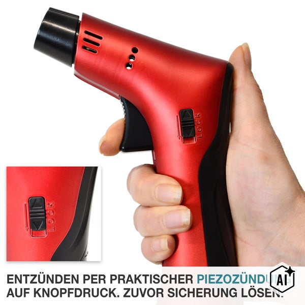 Handlicher Gasbrenner mit Piezozündung und Sicherheitsverriegelung zur Bedienung per Knopfdruck.