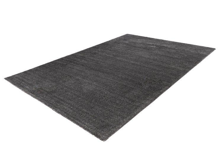 Rechteckiger Hochflor-Teppich in Anthrazit mit weicher Oberfläche.