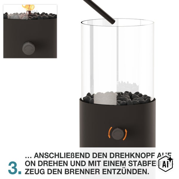 Anleitungsschritt drei: Drehknopf am Tischkamin auf Position ON drehen und Brenner mit einem Stabfeuerzeug entzünden.