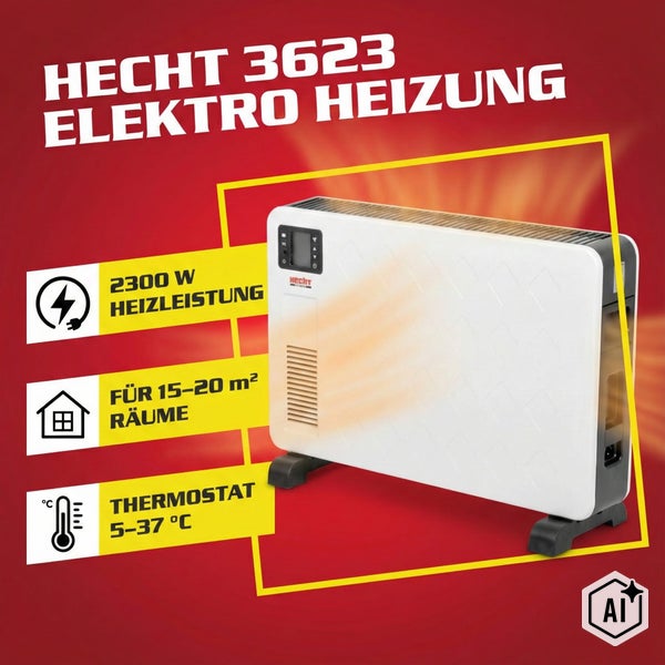 Hecht 3623 Elektroheizung mit 2300 Watt Leistung, Thermostat von 5 bis 37 Grad Celsius für Räume von 15 bis 20 Quadratmetern.