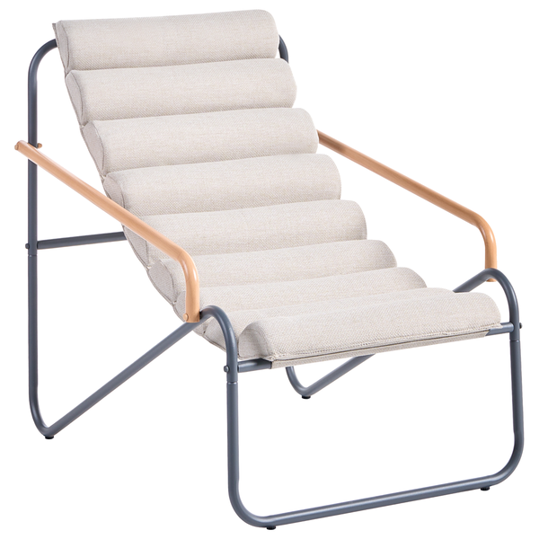 Beliani Loungesessel mit grauem Metallgestell, Armlehnen aus Holz und beigefarbenem gestepptem Stoffbezug. Rückansicht mit Beliani Logo.