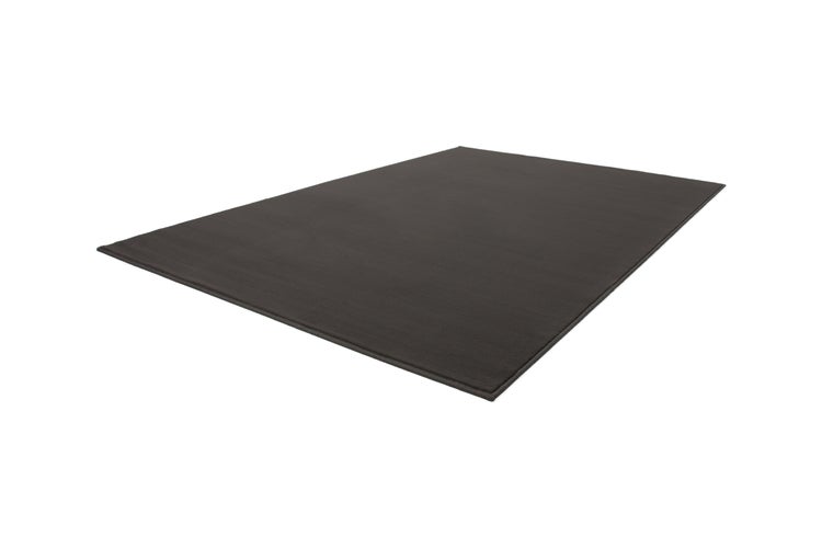 Rechteckiger, flachgewebter Teppich in Anthrazit mit umkettelten Rändern.