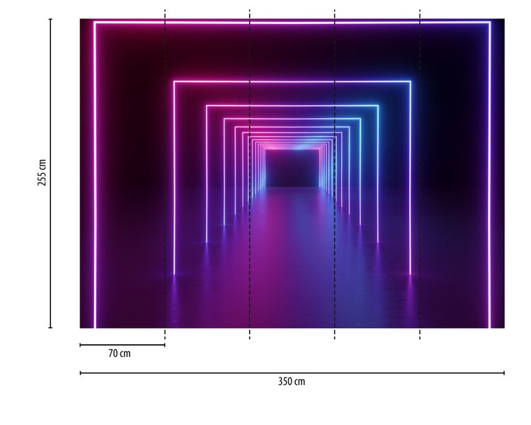 Fototapete mit futuristischem Neon-Tunnel-Design, 350 Zentimeter breit und 255 Zentimeter hoch, bestehend aus 5 Bahnen zu je 70 Zentimeter.