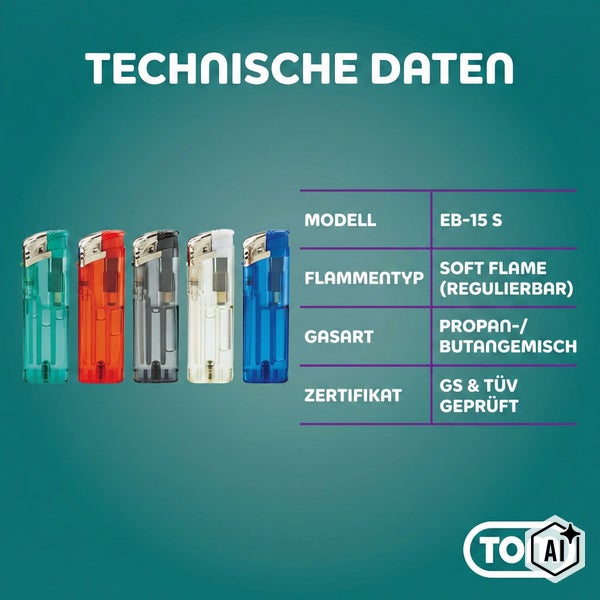 Technische Daten zum Feuerzeug Modell EB-15 S mit regulierbarer Weichflamme, Gasart Propan-Butan-Gemisch, GS und TÜV zertifiziert.