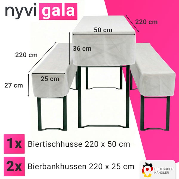 Bierzeltgarnitur bestehend aus einem Tisch und zwei Bänken mit weißen Hussen in der Größe 220 mal 50 Zentimeter und 220 mal 25 Zentimeter