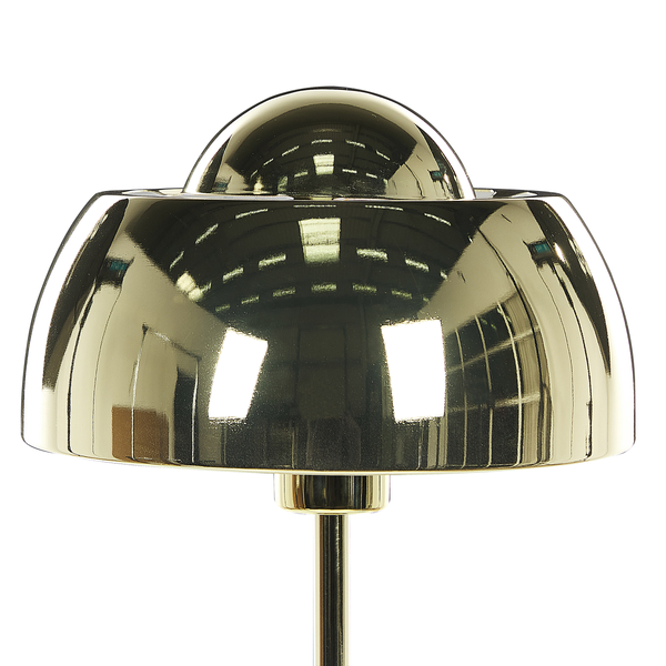 Moderner Lampenschirm aus Metall mit reflektierender Oberfläche in Messing-Optik und gewölbtem Oberteil.